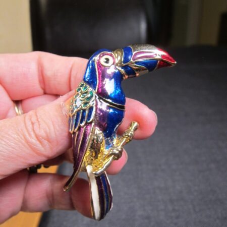 Gorgeous large enamel bird brooch toucan or parrot gold-tone purple blue