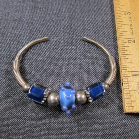 Gorgeous blue hand blown glass lampwork bead sterling silver cuff bracelet