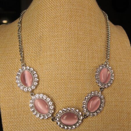 Gorgeous large pink cat's eye glass cabochon & white rhinestone necklace