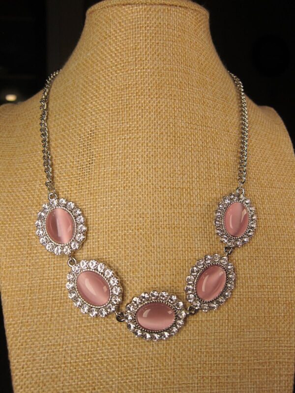Gorgeous large pink cat's eye glass cabochon & white rhinestone necklace