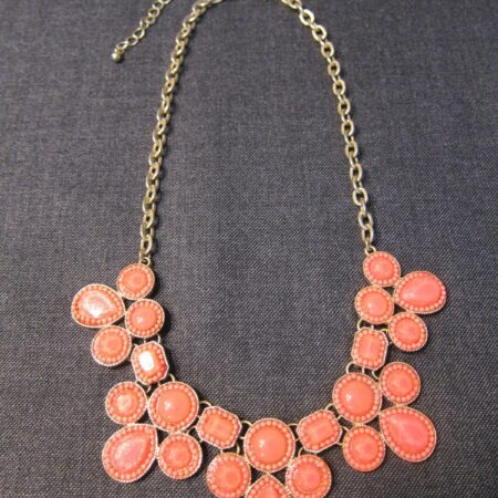 Coral orange pink statement necklace gold tone textured chain 18" long w/glass