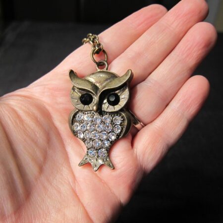 Cute Bronze or brass tone Owl pendant necklace with rhinestone belly and eyes