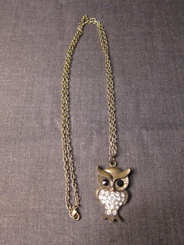 Cute Bronze or brass tone Owl pendant necklace with rhinestone belly and eyes - Image 2