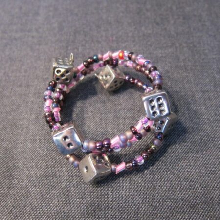 Cute pink & purple glass beaded memory wire bracelet w/ silver dice lucky casino