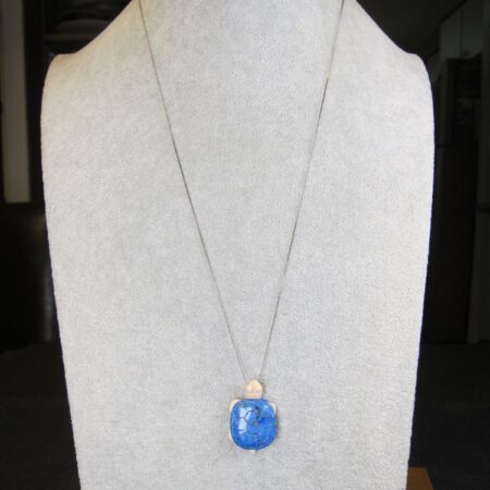 24" thin sterling silver chain necklace w/denim lapis white stone carved turtle