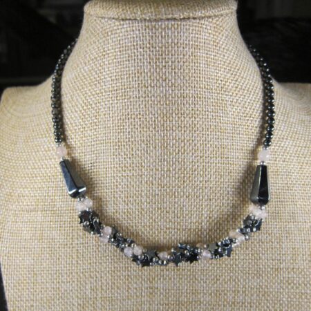 Dainty, pretty Hematite stars and white glass or quartz beads necklace 16.5"