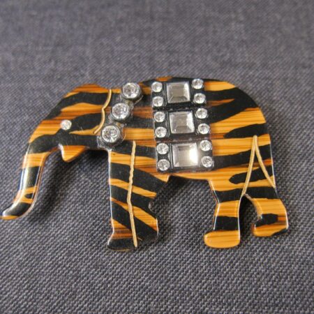 Gorgeous clear resin over bamboo Elephant pin brooch white rhinestones striped