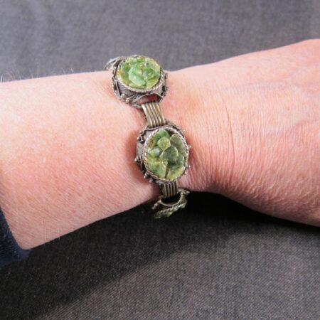Beautiful silver and brass tone vintage braclelet with tiny green chips of stone