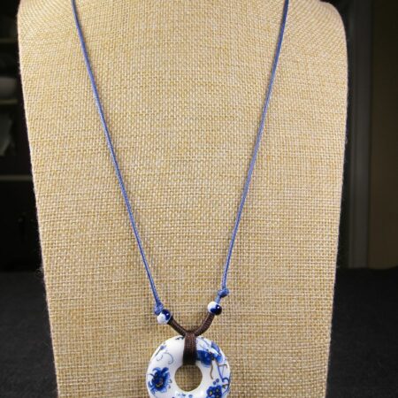 Gorgeous cobalt blue & yellow flower transfer-ware porcelain pendant necklace