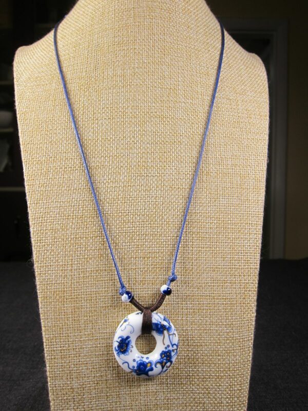 Gorgeous cobalt blue & yellow flower transfer-ware porcelain pendant necklace