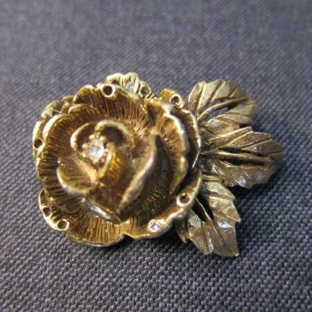 Vintage Goldette signed 3D rose pin brooch antique gold finish 1.75" rhinestone