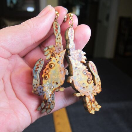 Unusual handmade carved painted wood blue crab earrings lightweight!