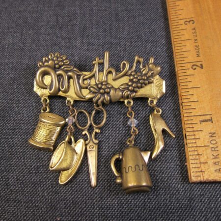 Vintage brooch "Mother" with dangling charms scissors thread teacup shoe teapot