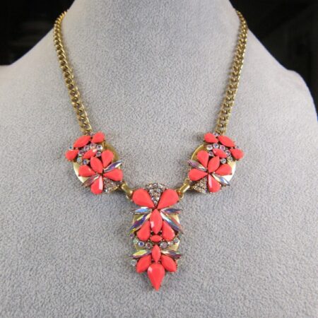 Beautiful bright pink/coral colored rhinestone matte gold-tone necklace J. Crew