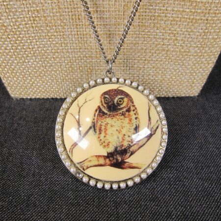 Beautiful large owl pendant transfer ware Spring Street 32" necklace faux pearls