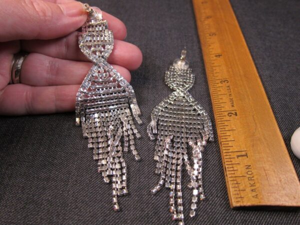 Stunning vintage AB tiny rhinestones mesh dangle earrings pierced silver-tone - Image 4