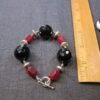Beautiful large black tourmaline bead & red glass sterling silver bracelet 6.5"