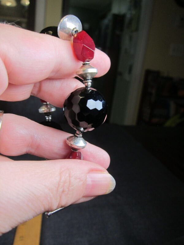 Beautiful large black tourmaline bead & red glass sterling silver bracelet 6.5" - Image 3