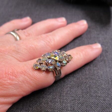 Gorgeous vintage adjustable cocktail ring AB glass cluster stacked glass