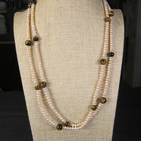 Beautiful 50" long real pink/peach colored pearl necklace w/tiger's eye beads
