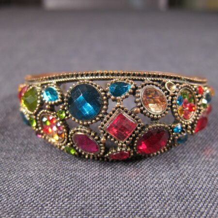Gorgeous multi color rhinestone on copper tone clamper hinged bracelet by Yuhong
