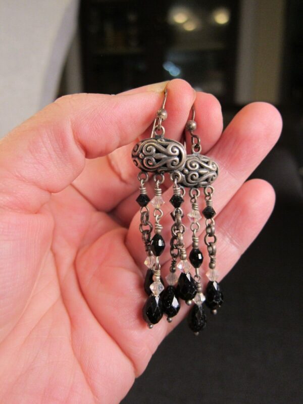 Elegant sterling silver 2.5" black and white glass bead dangle earrings