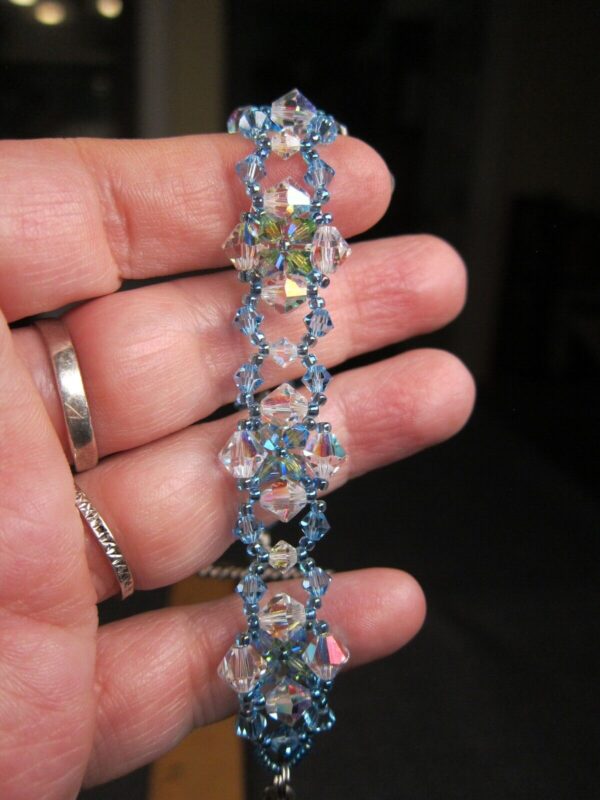 Beautiful handmade woven AB glass bead blue clear bracelet sterling clasp - Image 3