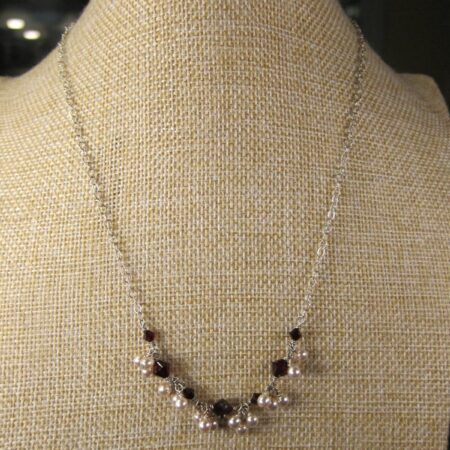 Gorgeous sterling silver chain necklace w/faux pearls & red glass beads 18"