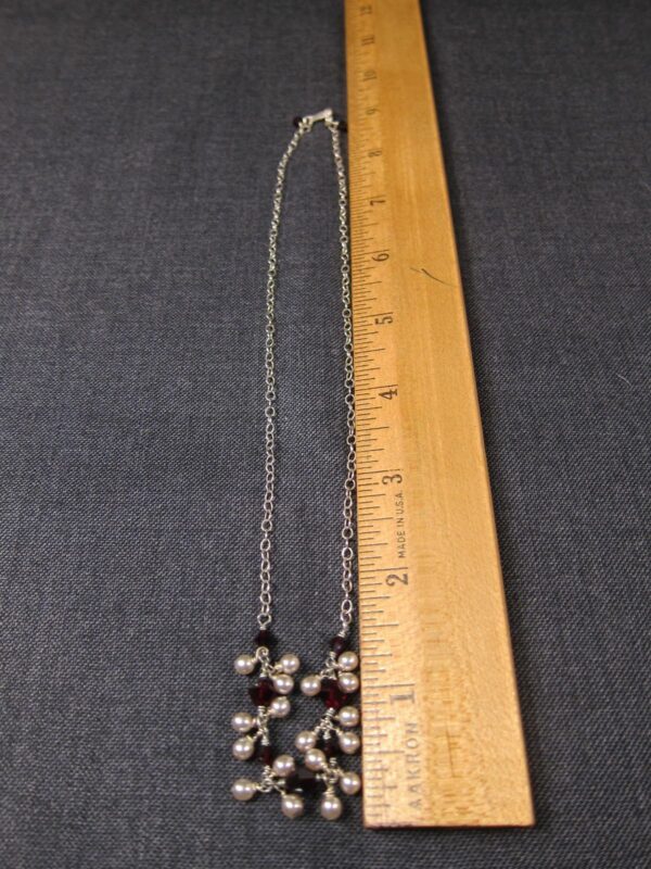 Gorgeous sterling silver chain necklace w/faux pearls & red glass beads 18" - Image 4