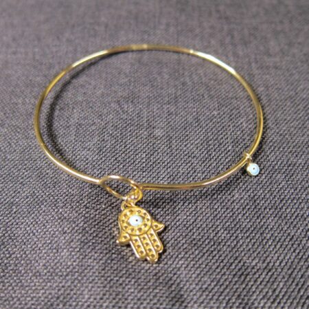 Gold over sterling silver thin bangle bracelet Hamsa hand charm eyeball cute!