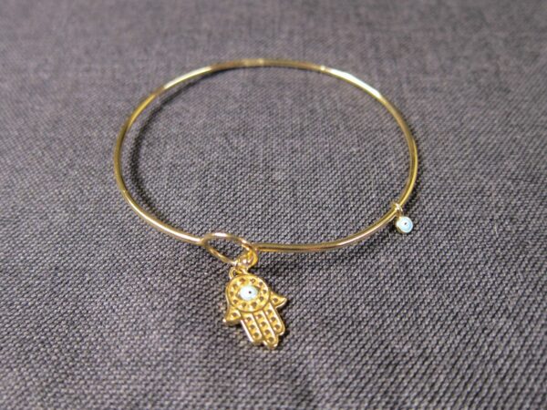Gold over sterling silver thin bangle bracelet Hamsa hand charm eyeball cute!