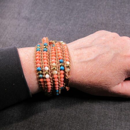 Beautiful tan leather pink blue white gold beaded wrap bracelet button 34-36"