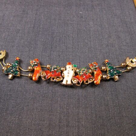 Cute vintage slide charm bracelet enamel Christmas snowman tree bells stocking