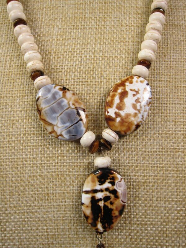 Gorgeous long boho necklace w/large agate? stone & glass beads natural