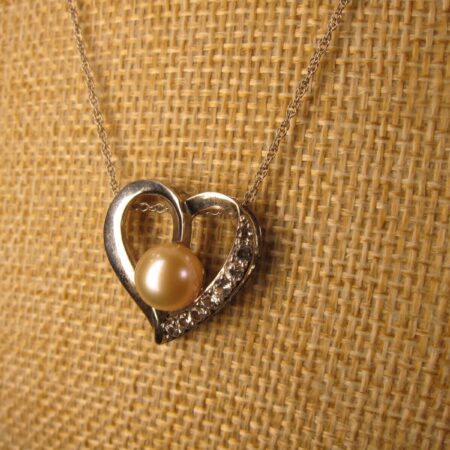Gorgeous real pearl & white sapphire sterling silver heart pendant 18" 925 chain