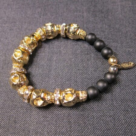Ettika gold tone skulls rhinestones black beads stretch bracelet heavy nice!