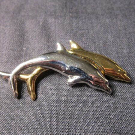 Gorgeous Liz Claiborne LC silver and gold tone two dolphins brooch pin