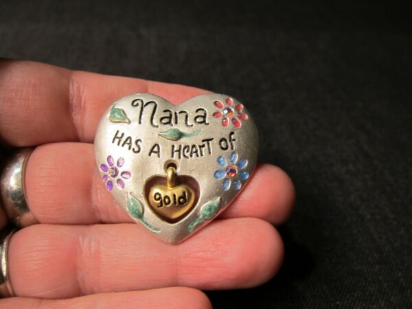 Vintage AJMC brushed silver and gold tone pin brooch Nana Has a Heart of Gold