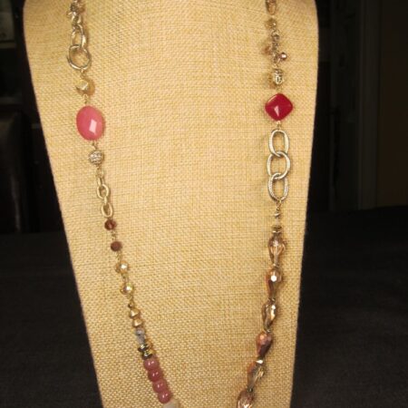 Gorgeous Ann Taylor 30-34" long asymmetrical gold tone necklace pink red stones