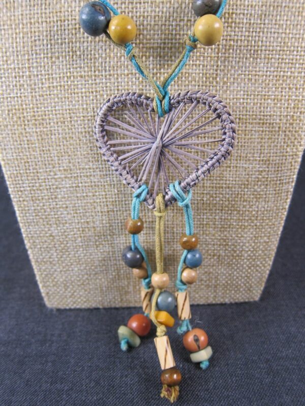 Cute multi-color seeds and wooden beads on cord necklace w/ macrame purple heart - Image 3