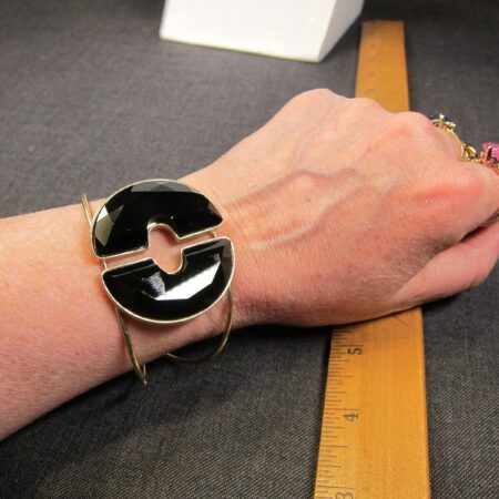 Gorgeous minimalist modernist black glass gold-tone large cuff bracelet