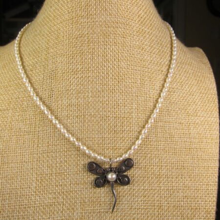 Gorgeous 17" long freshwater seed pearl necklace w/sterling silver dragonfly