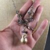 Very unique sterling silver necklace heart link chain real pearl drop glass bead - Image 2