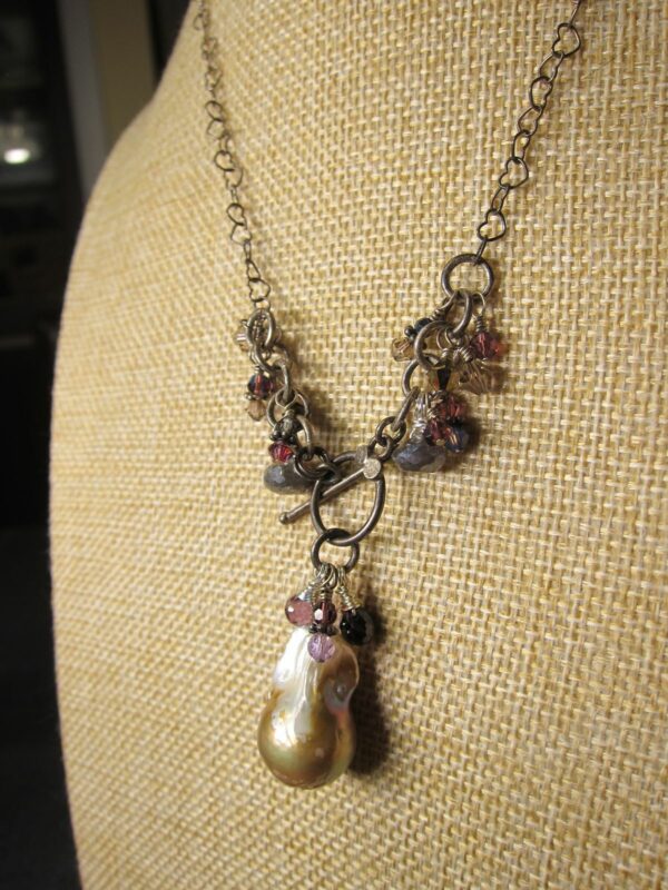 Very unique sterling silver necklace heart link chain real pearl drop glass bead - Image 4