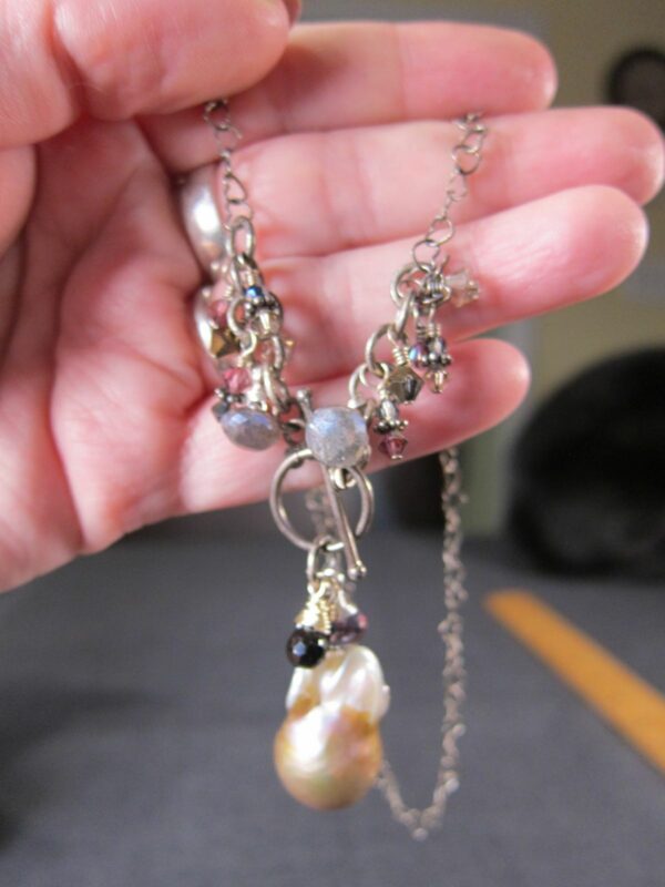 Very unique sterling silver necklace heart link chain real pearl drop glass bead - Image 8
