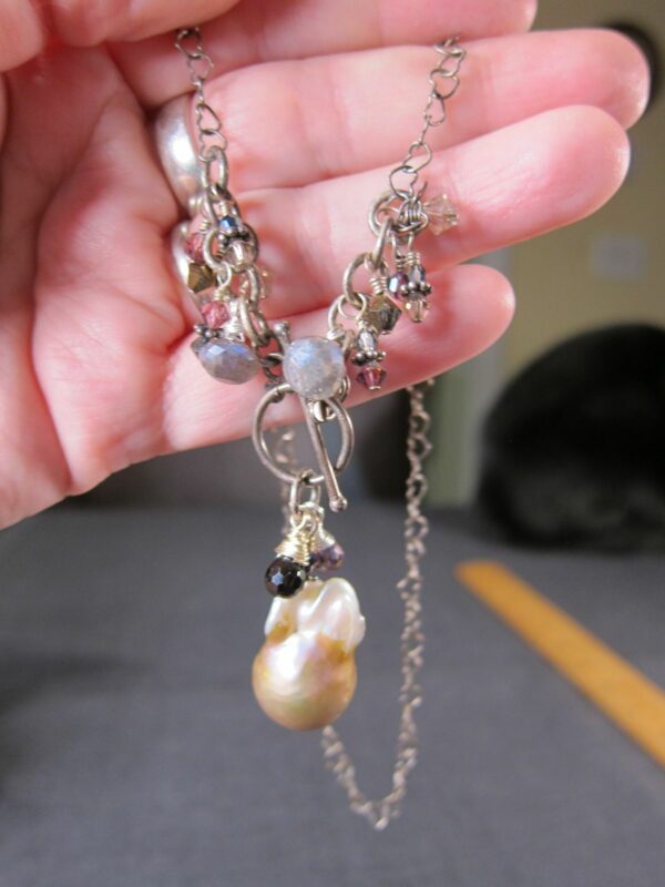 Very unique sterling silver necklace heart link chain real pearl drop glass bead - Image 9