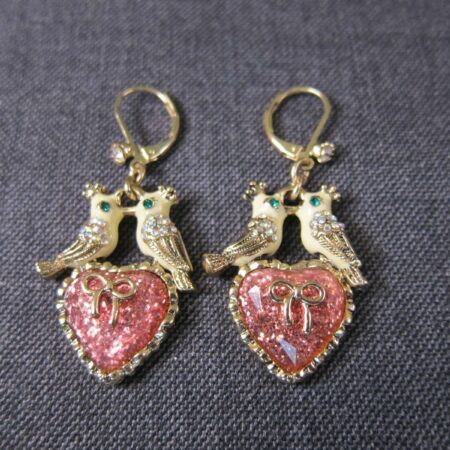 Beautiful sparkly enamel and rhinestone bird heart earrings dangle 2" pierced