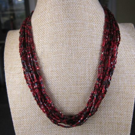 Gorgeous multi-strand 18" necklace with shiny glass seed beads in black and red