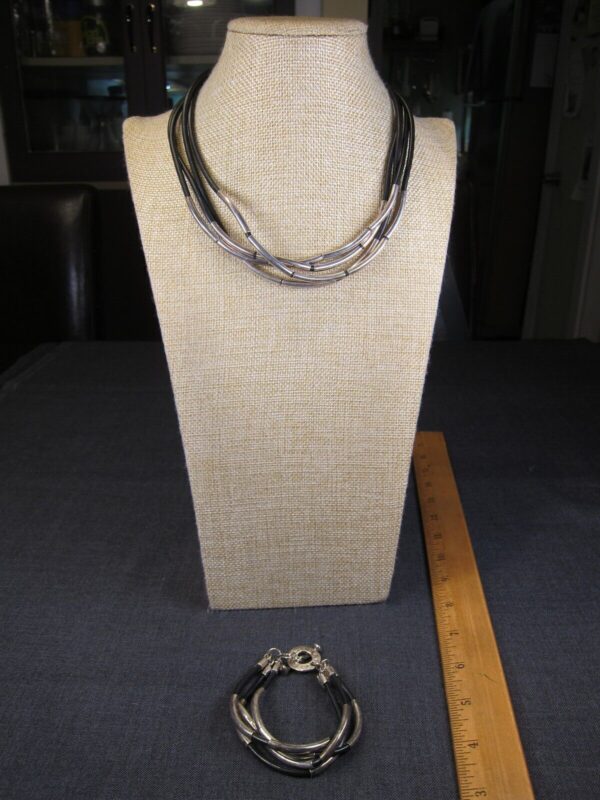 Beautiful modernist leather & sterling silver RLM Studio bracelet necklace set! - Image 2