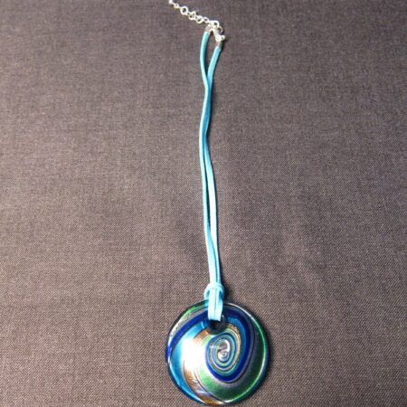 Big round blue green swirl dichroic glass pendant blue Premier Designs cord
